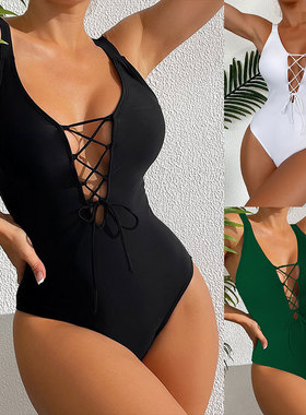 Conservative one-piece swimsuit bikini女纯色抽绳缕空紧身沙滩