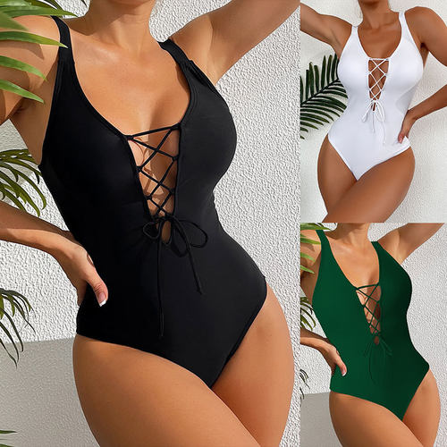 Conservative one-piece swimsuit bikini女纯色抽绳缕空紧身沙滩