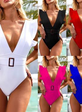 Conjoined body Bikini亚马逊连体荷叶边白色比基尼5色连体高腰女