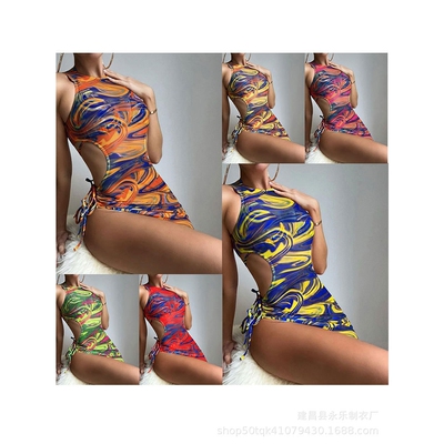 镂空网纱抽绳三件套比基尼泳装女