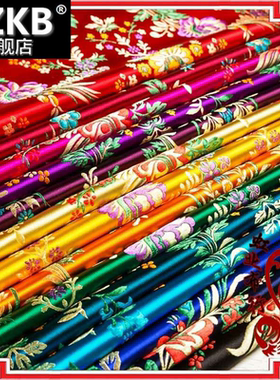 布料唐装结婚金黄色大红花料女面料印花服装丝布料缎面段子