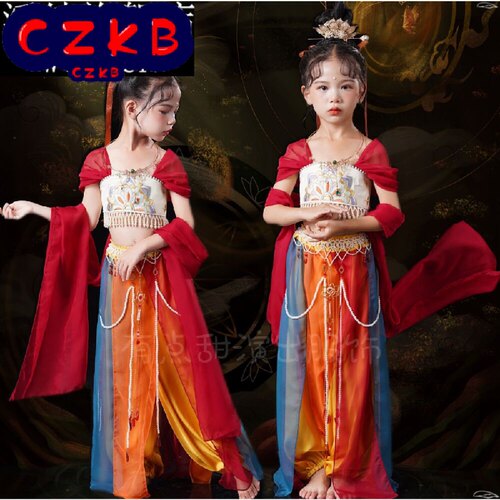 新款中国风汉服舞蹈服敦煌飞天儿童演出服异域风情古典舞反弹琵琶