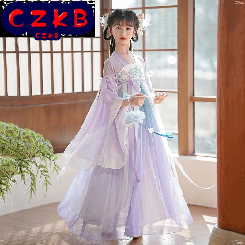 汉服女童儿童古装大童中国风超仙春装唐装连衣裙长袖古筝演出