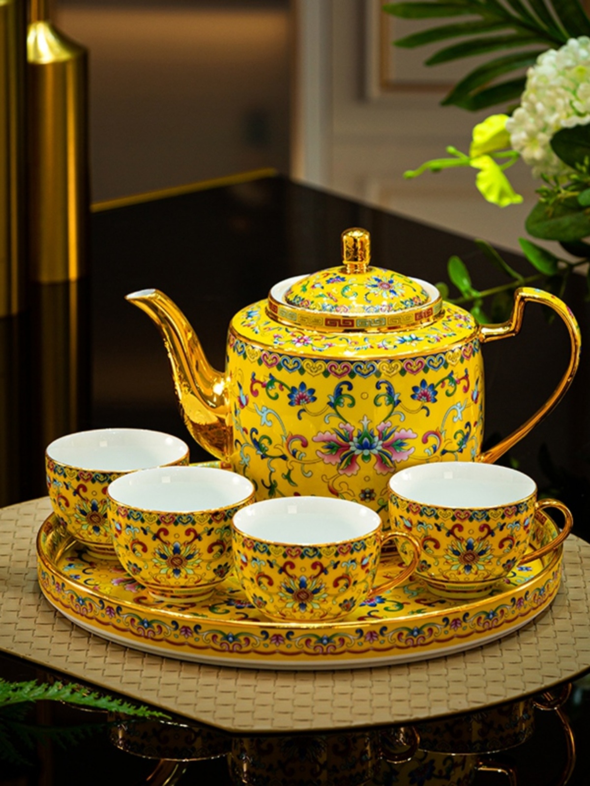 景德镇豪华金边搪瓷茶具客厅家用茶水壶茶盘茶杯