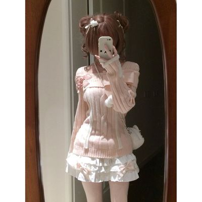桃欲欲 冬季新款一字肩粉色针织上衣+蝴蝶结蛋糕短裙甜美两件套女