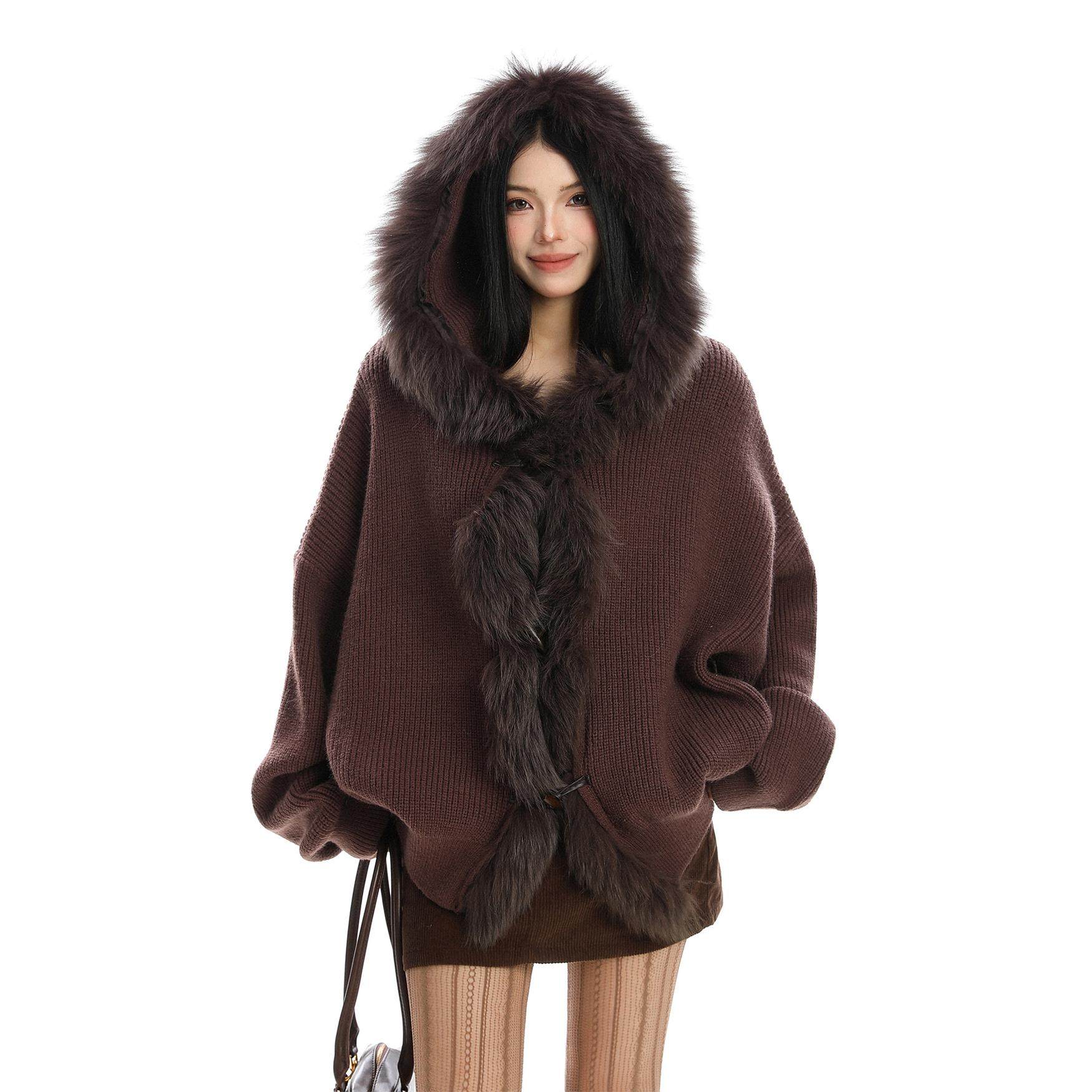 BIGGOLD设计感大毛领拼接连帽毛衣女秋冬慵懒风气质宽松针织上衣,个性定制/设计服务/DIY,棉服工装,淘宝优惠券,粉丝福利购,淘宝优惠卷