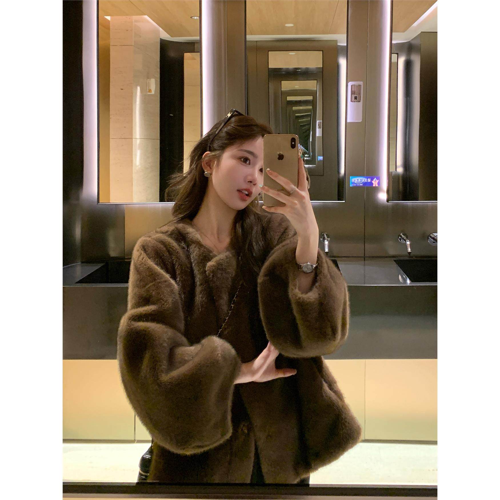 LMOMO 中古风彷水貂短款环保貂皮大衣毛毛皮草外套女2025新款秋冬