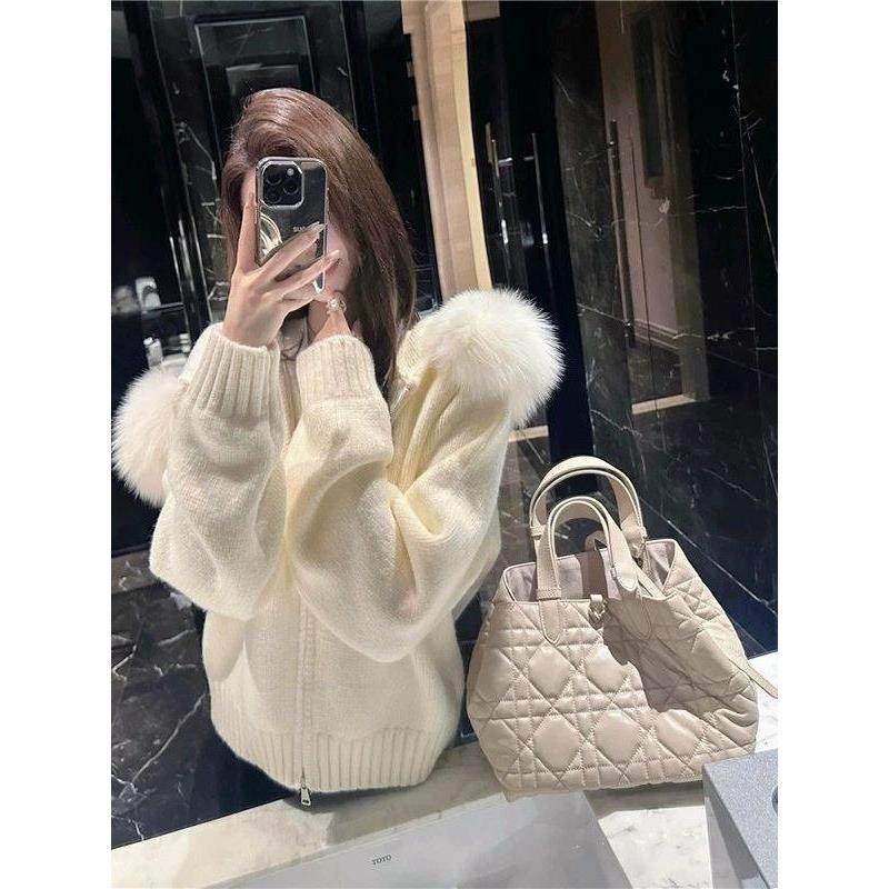 小香风毛衣外套真狐狸毛大毛领慵懒风针织连帽女加厚秋冬开衫短款