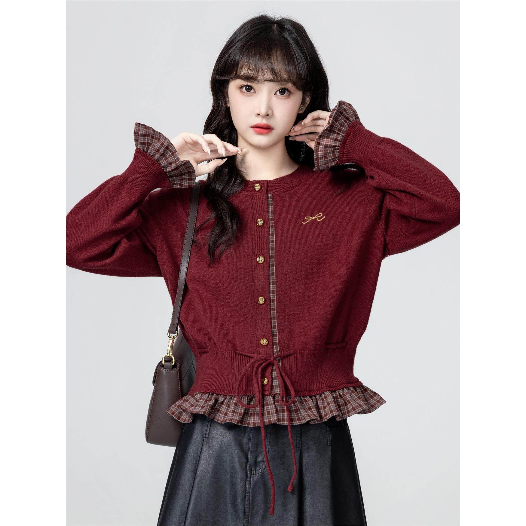 法式红色假两件针织开衫女春秋2025秋季新款系带收腰毛衣外套上衣