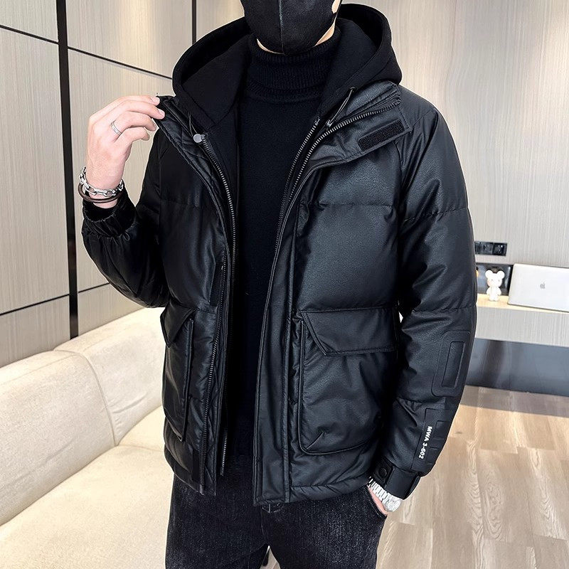 潮牌假两件连帽PU皮面潮流棉服男2024冬季新款加厚短款外套棉衣