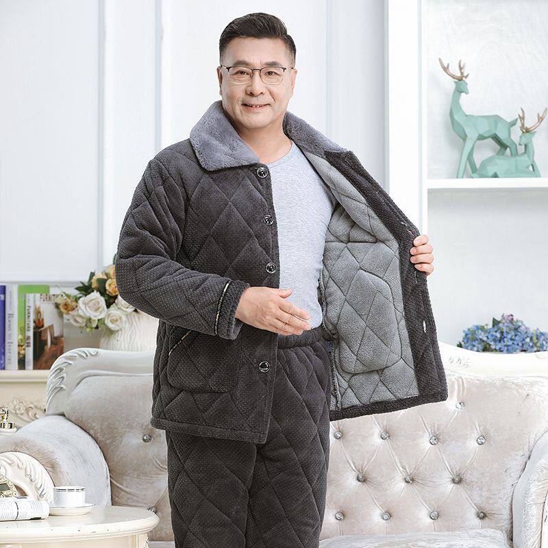 睡衣男冬季加厚加绒保暖夹棉中老年爸爸珊瑚绒棉袄防风家居服套装