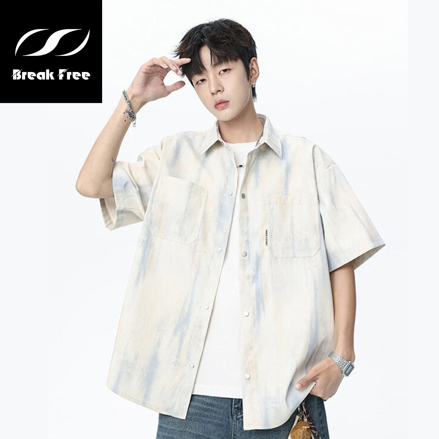 BreakFree衬衫男款设计感扎染复古短袖夏港风宽松翻领帅气衬衣潮