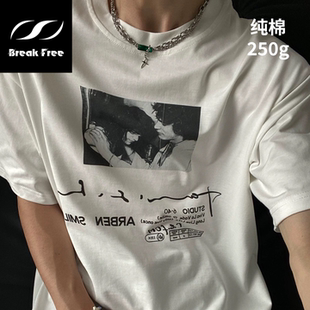 焦虑出口男士短袖t恤正肩男款夏2026新款黑色上衣纯棉男青少年潮