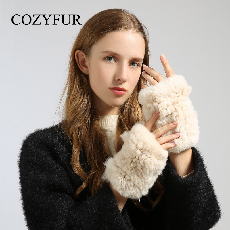 Cozyfur 獭兔毛编织手套冬天女可爱保暖防寒ins百搭半指皮草手套