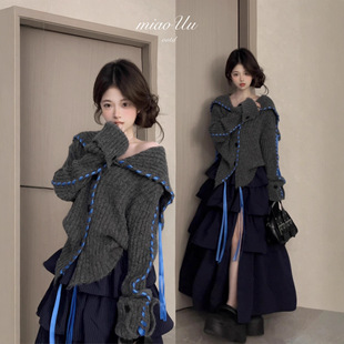 设计感飘带海军大翻领针织衫 女羊驼毛宽松慵懒毛衣外套 开衫