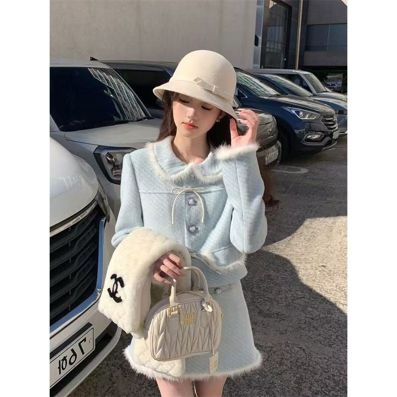 冬季新款甜美减龄娃娃领小香风保暖毛呢外套高腰半身裙两件套装女,女装/女士精品,休闲运动套装,淘宝优惠券,粉丝福利购,淘宝优惠卷