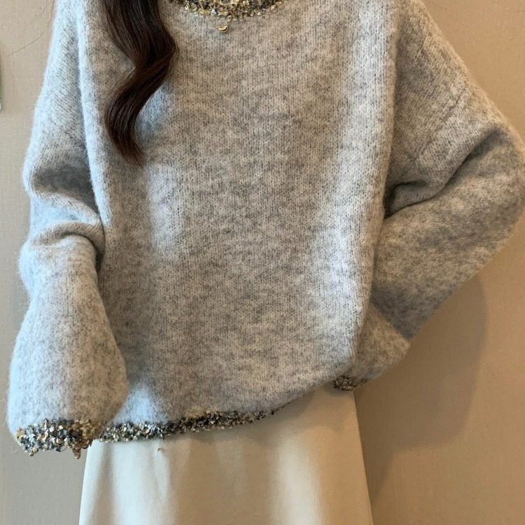 重工亮片圆领毛衣女2025