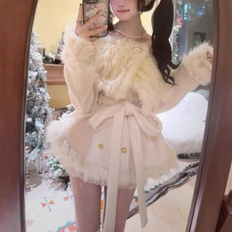 韩系千金风纯欲套装女秋冬季毛毛披肩毛呢外套蕾丝边半身裙三件套,女装/女士精品,休闲运动套装,淘宝优惠券,粉丝福利购,淘宝优惠卷