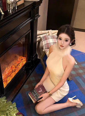 TZ7318法式白色毛毛领无袖连衣裙女秋冬温柔气质收腰露肩包臀短裙