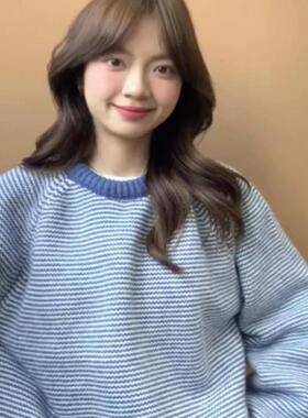 韩系复古撞色条纹蓝色毛衣女秋冬季新款宽松慵懒加绒加厚针织上衣