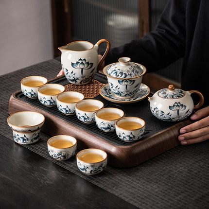 汝窑荷花功夫茶具套装2025新款家用高档陶瓷茶杯泡茶壶办公室会客
