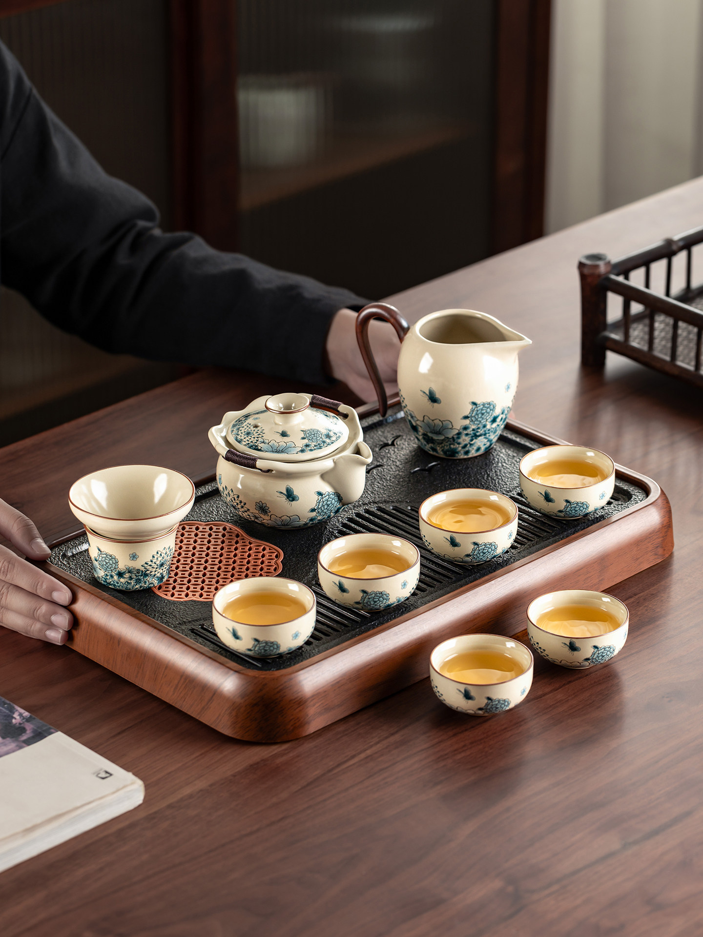 汝窑青蝶手抓壶功夫茶具套装家用高档陶瓷泡茶壶茶杯喝茶2025新款