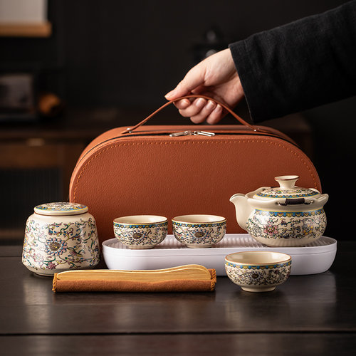 汝窑珐瑯彩旅行茶具套组可携式陶瓷户外快客杯泡茶壶露营喝茶装备