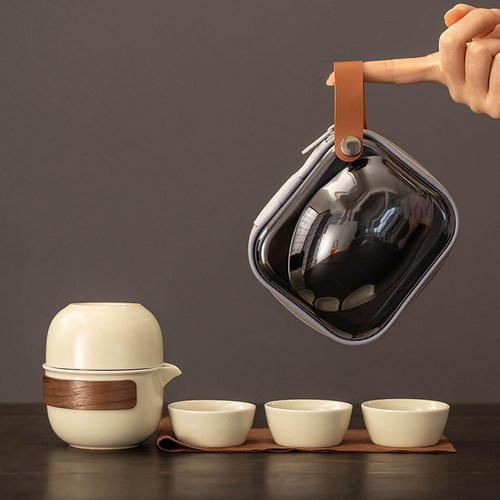 匠序黄汝窑旅行茶具便携式快客杯一壶三杯随行户外陶瓷功夫泡茶壶