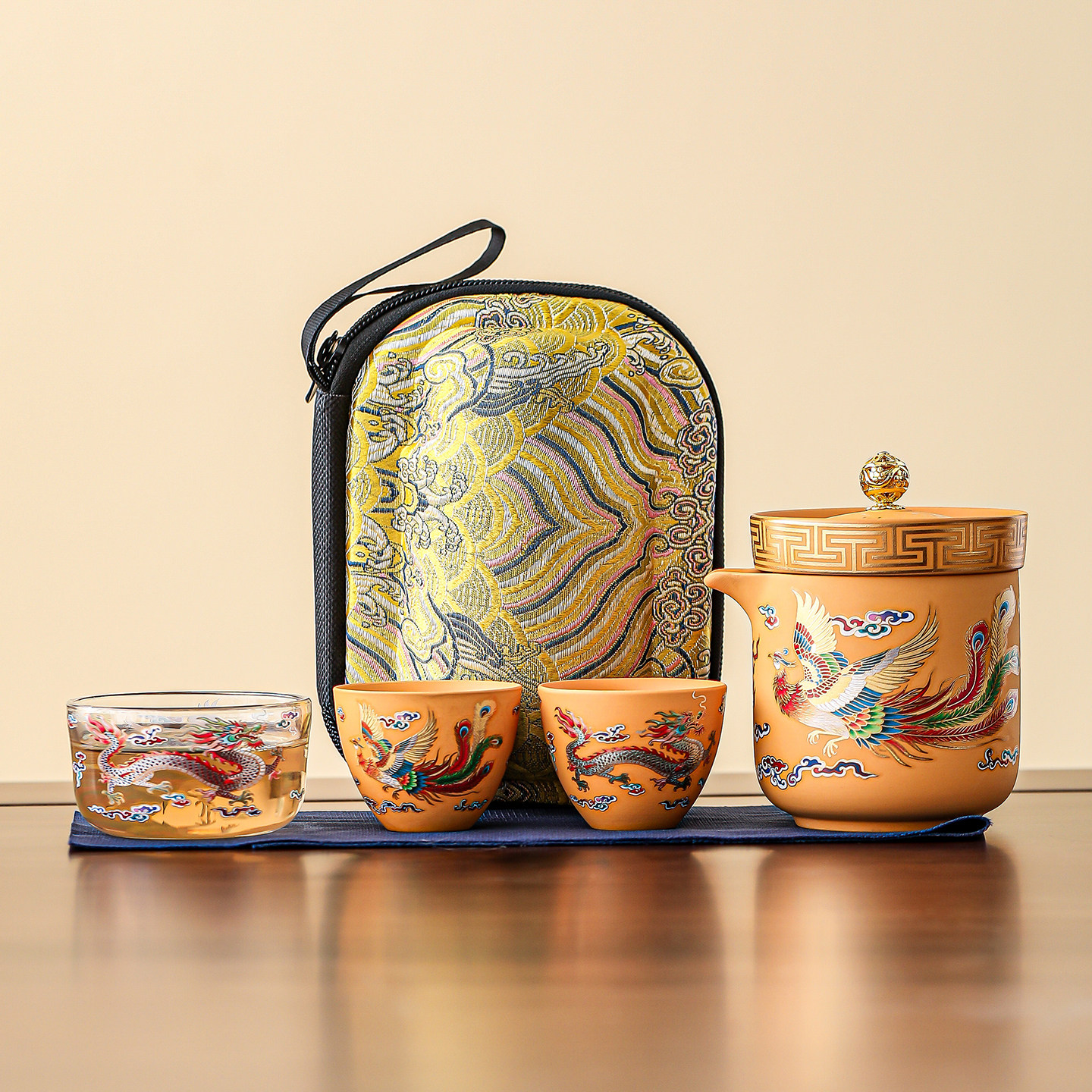 紫砂黄段泥龙凤旅行茶具套装户外便携随身一壶两杯快客杯2026新款