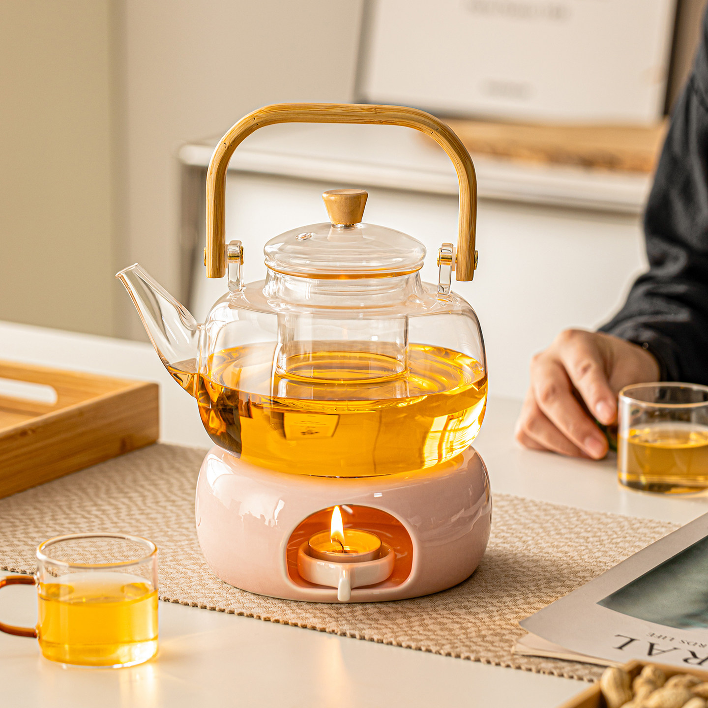 温茶炉蜡烛玻璃提梁壶温茶器底座桃粉釉捏花烛火醒茶烤茶花型暖茶,餐饮具,煮茶炉,淘宝优惠券,粉丝福利购,淘宝优惠卷