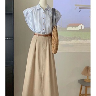 无袖蓝白竖条纹衬衫女2026夏季新款日系套装裙两件套棉麻坎肩上衣