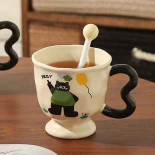 覆古马克杯猫咪陶瓷杯子高脚杯可爱家用水杯女生情侣办公室咖啡杯