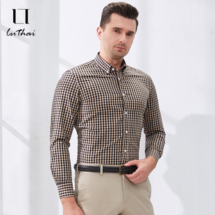 鲁泰男士修身格子衬衣混纺面料磨毛微弹时尚格纹长袖衬衫