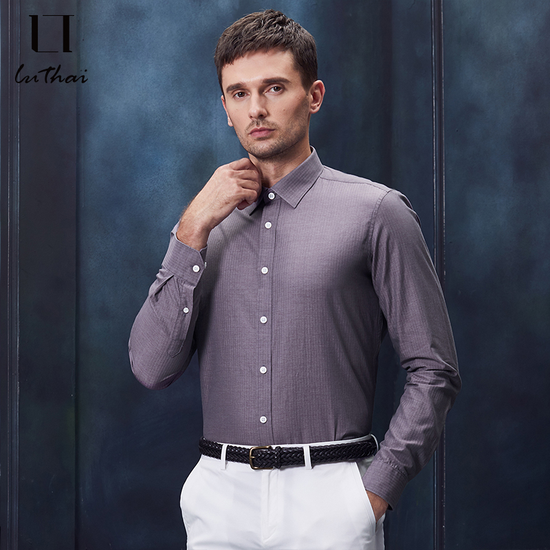 鲁泰男士修身时尚方领纯棉衬衣水洗商务休闲长袖衬衫