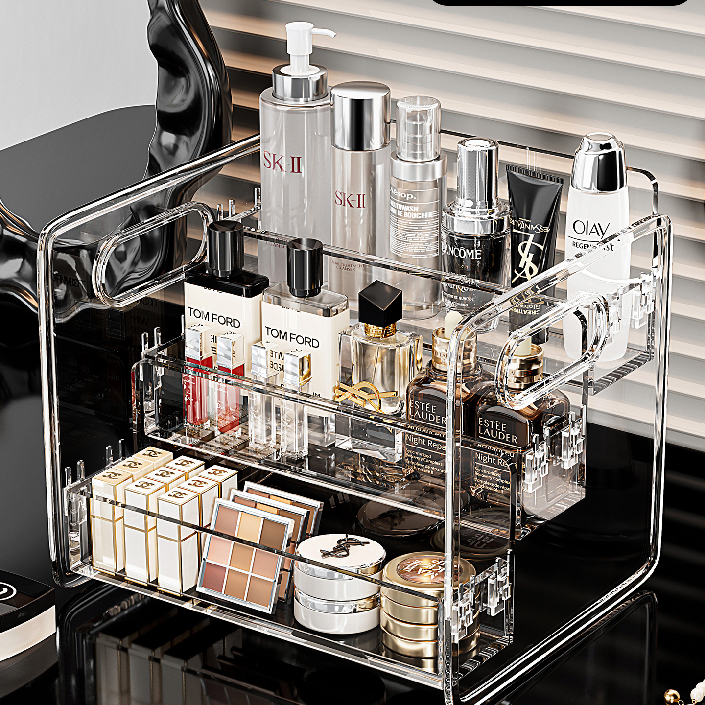 化妆品置物架亚克力透明梳妆台香水护肤品粉扑口红整理桌面收纳盒
