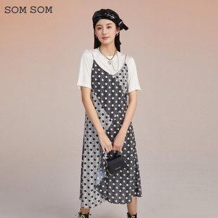SOMSOM/索玛学院风休闲短袖T恤女士波点吊带雪纺连衣裙减龄两件套