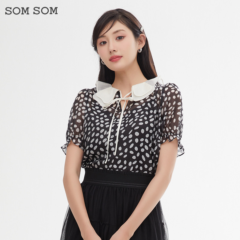 SOMSOM/索玛蕾丝花边碎花短袖雪纺衫女夏季法式娃娃领短款上衣薄