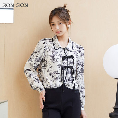 SOMSOM/索玛新中式盘扣上衣国风长袖衬衫女春秋减龄复古百搭衬衣