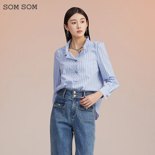SOMSOM/索玛春季女装时尚气质翻领纽扣半开襟套头设计感显瘦衬衫