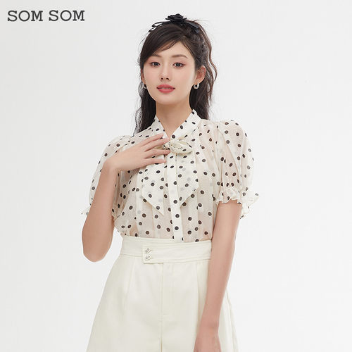 SOMSOM/索玛时尚波点衬衫女夏季简约设计感上衣通勤短袖系带衬衣