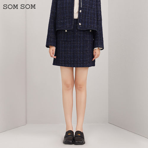 SOMSOM/索玛普蓝小香风格子毛呢半身裙女秋冬高腰显瘦A字包臀短裙