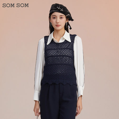 SOMSOM/索玛镂空背心女春秋季圆领内搭气质针织打底衫无袖上衣女