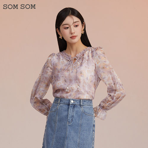 法式v领雪纺衬衫女春季时尚洋气碎花上衣百搭减龄小衫