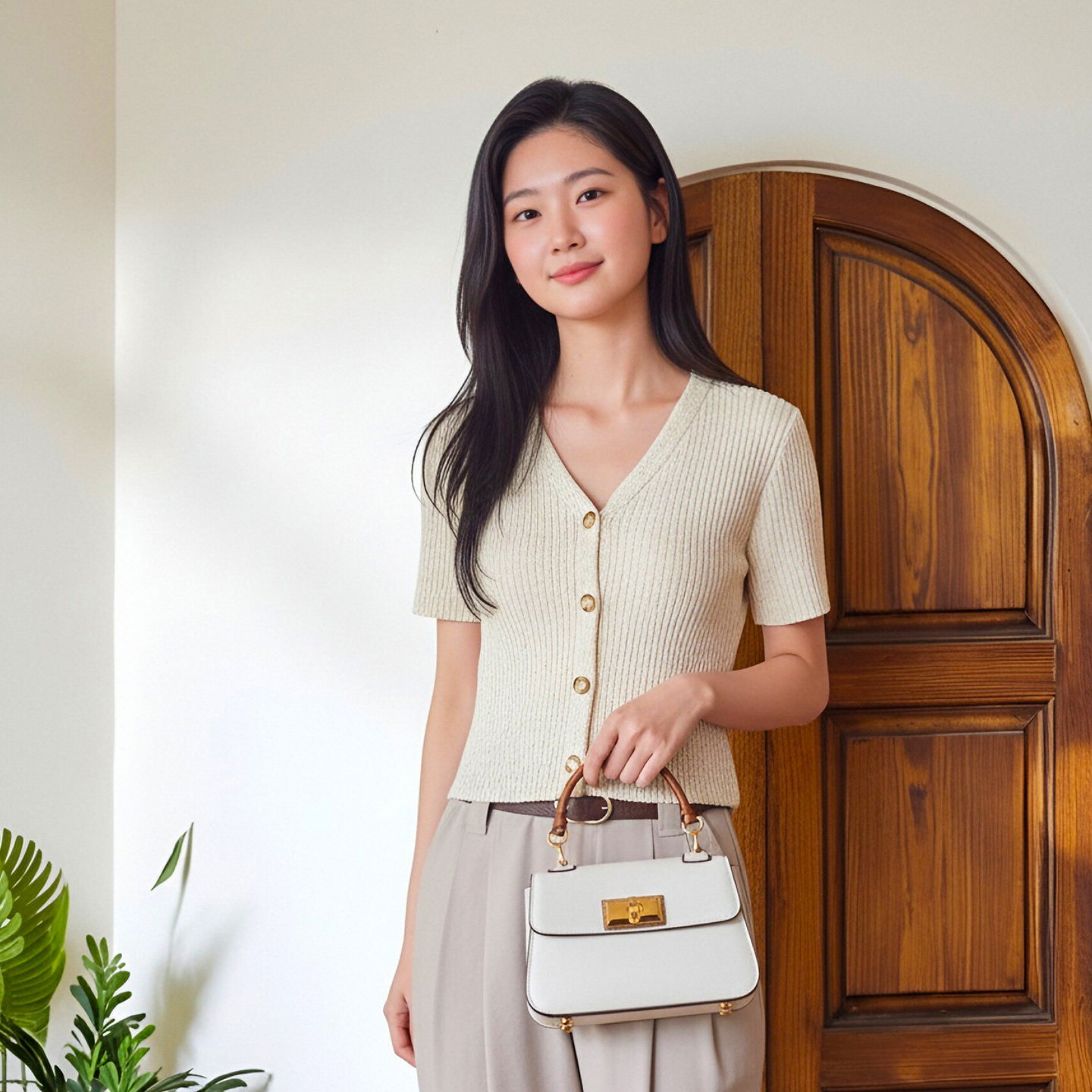 SOMSOM/索玛轻熟简约风V领短袖针织开衫女显瘦百搭气质上衣