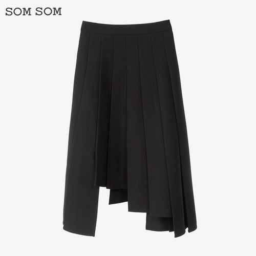 SOMSOM/索玛复古不规则百褶裙女秋冬季遮跨显瘦中长款高腰半身裙