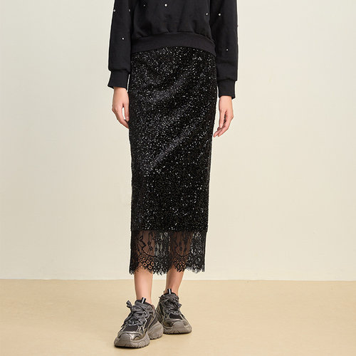 SOMSOM/索玛冬季新品黑色亮片蕾丝拼接气质中长款半身裙