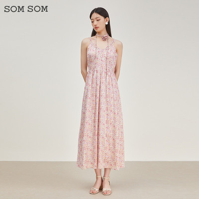 SOMSOM/索玛碎花吊带连衣裙春季无袖雪纺裙洋气甜美（不带配饰）