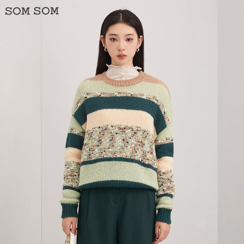 SOMSOM/索玛拼色条纹针织衫秋装女秋冬宽松提花长袖套头减龄毛衫