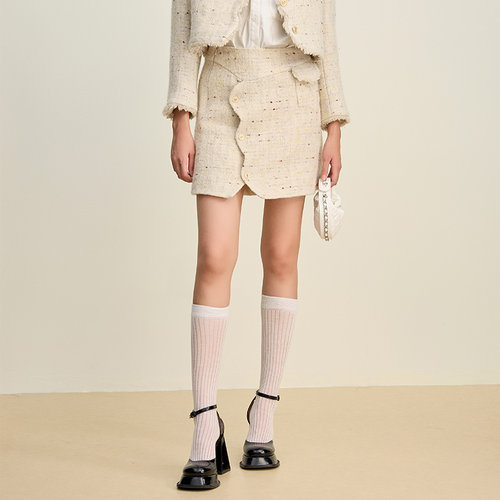 SOMSOM/索玛冬季新品人字纹粗花呢A字不对称裙摆通勤百搭半身裙