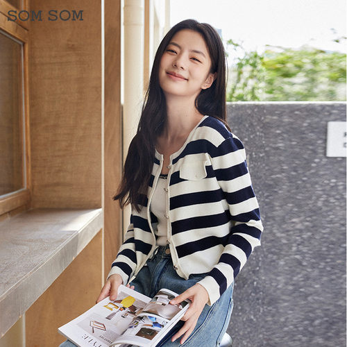 SOMSOM/索玛秋冬季条纹针织开衫外套女士圆领长袖羊毛短款毛织衫